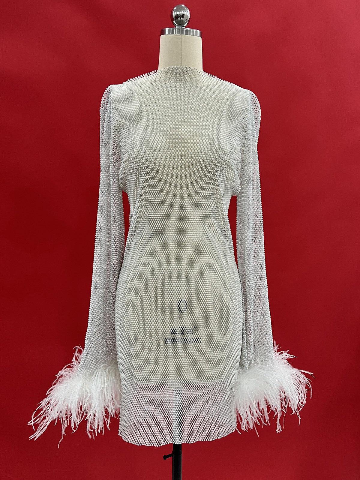 Rhinestone Mesh Mini Dress In White