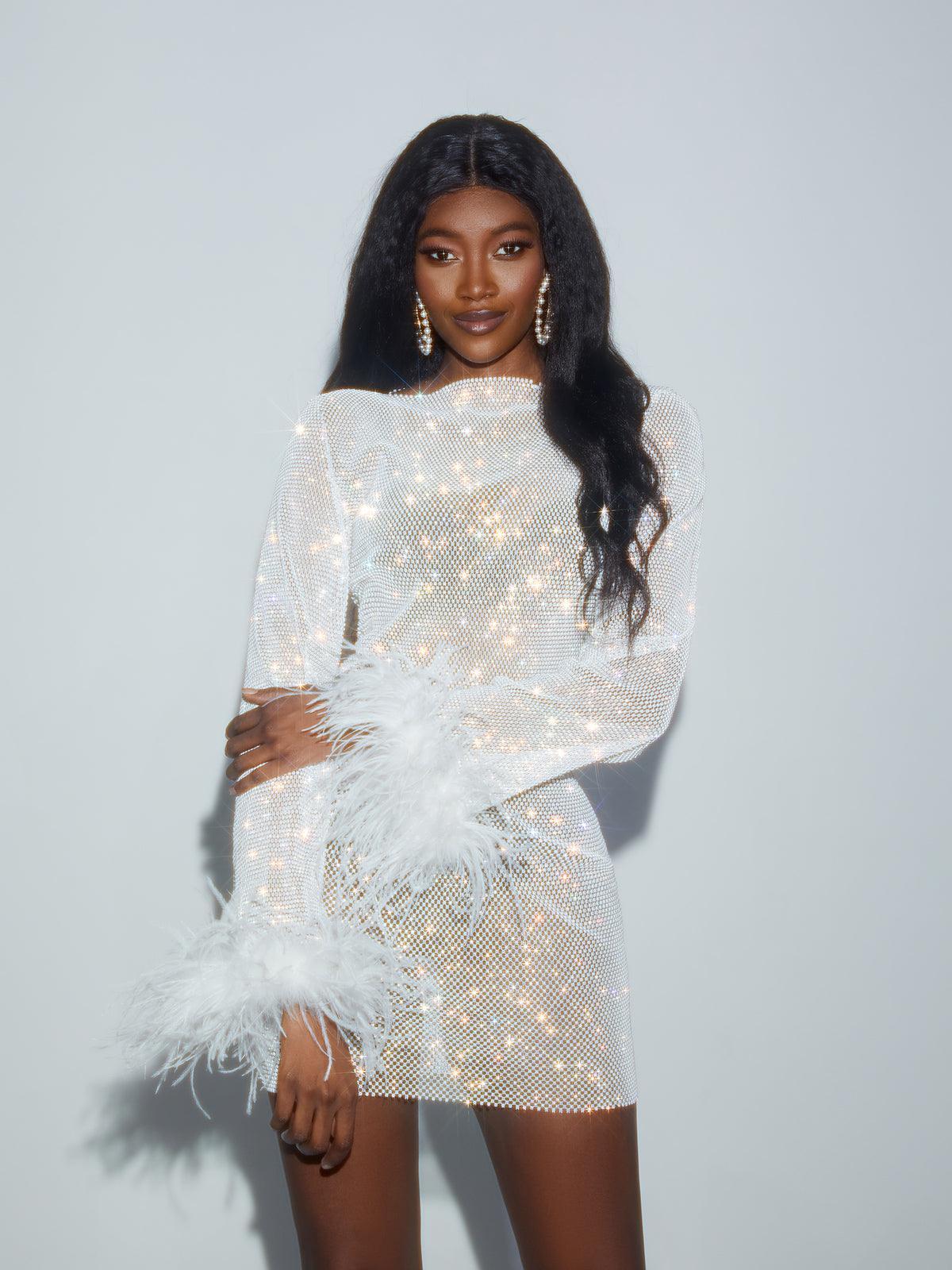 Rhinestone Mesh Mini Dress In White
