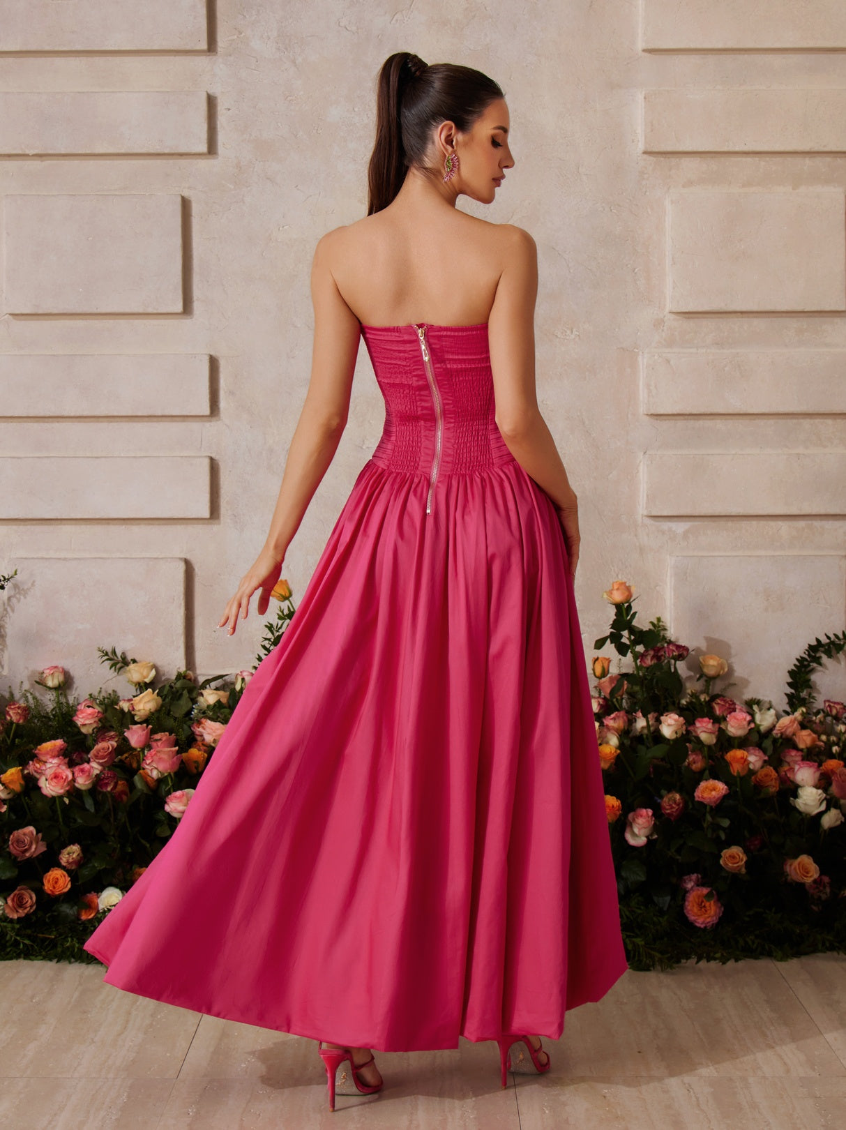 Strapless Ruched Maxi Dress In Hot Pink