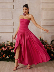 Strapless Ruched Maxi Dress In Hot Pink
