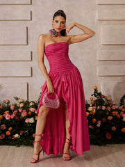 Strapless Ruched Maxi Dress In Hot Pink