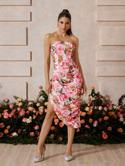 Ruched Floral Midi Dress In Pink