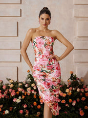 Ruched Floral Midi Dress In Pink