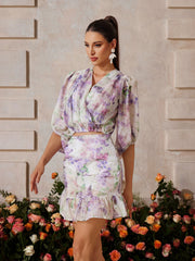 Ensemble jupe fleurie à col en V 