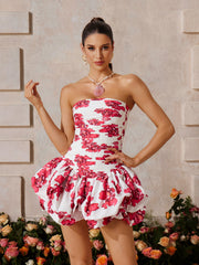 Robe mini bustier à fleurs couleur coquelicot 