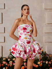 Strapless Floral Bubble Mini Dress In Rose