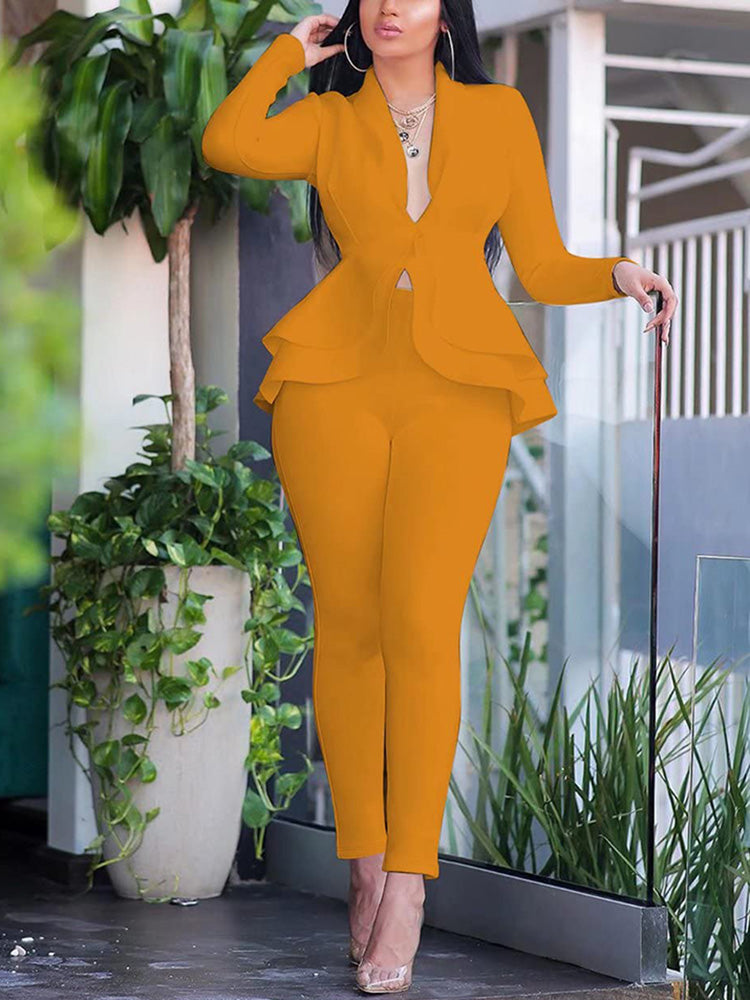 V-Neck Blazer Suit Pants Set