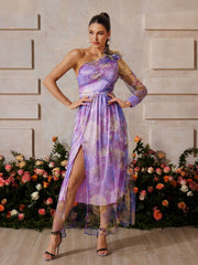 One Shoulder Split Floral Midi Dress