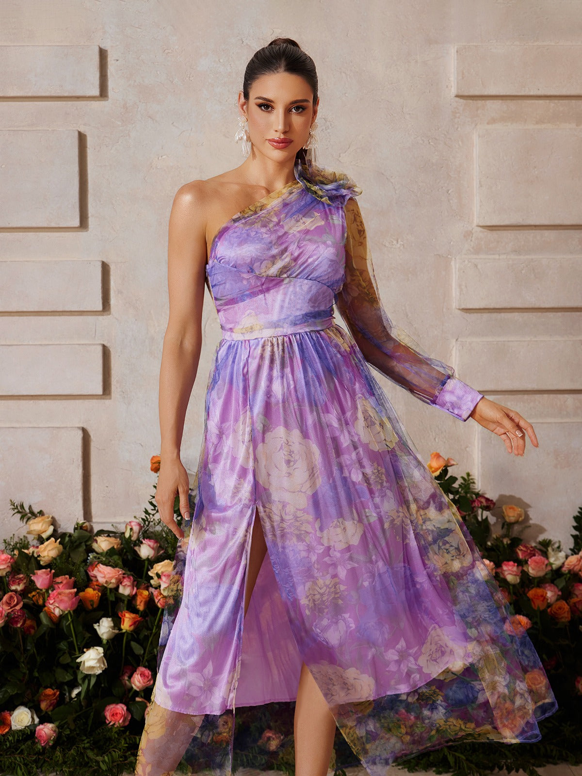 One Shoulder Split Floral Midi Dress