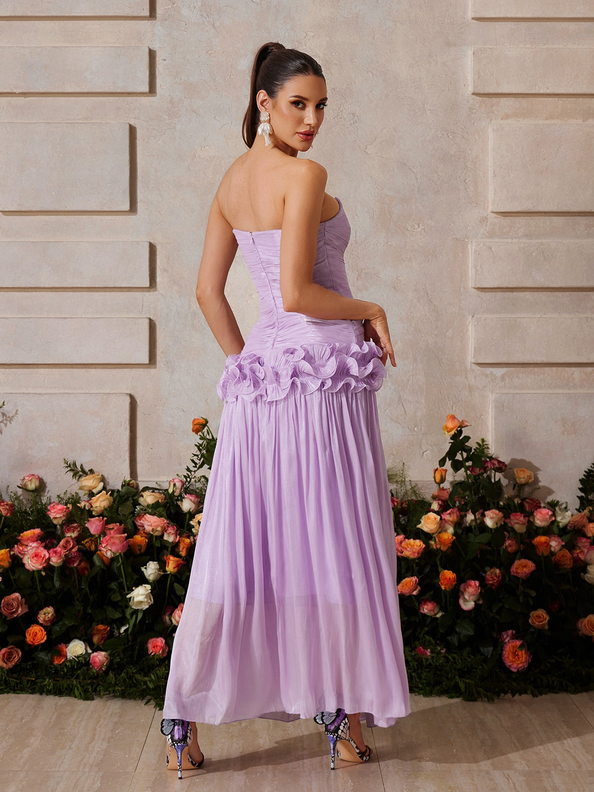 strapless ruched ruffle maxi dress in pink Cut out Strapless Maxi with Cascading Ruffles