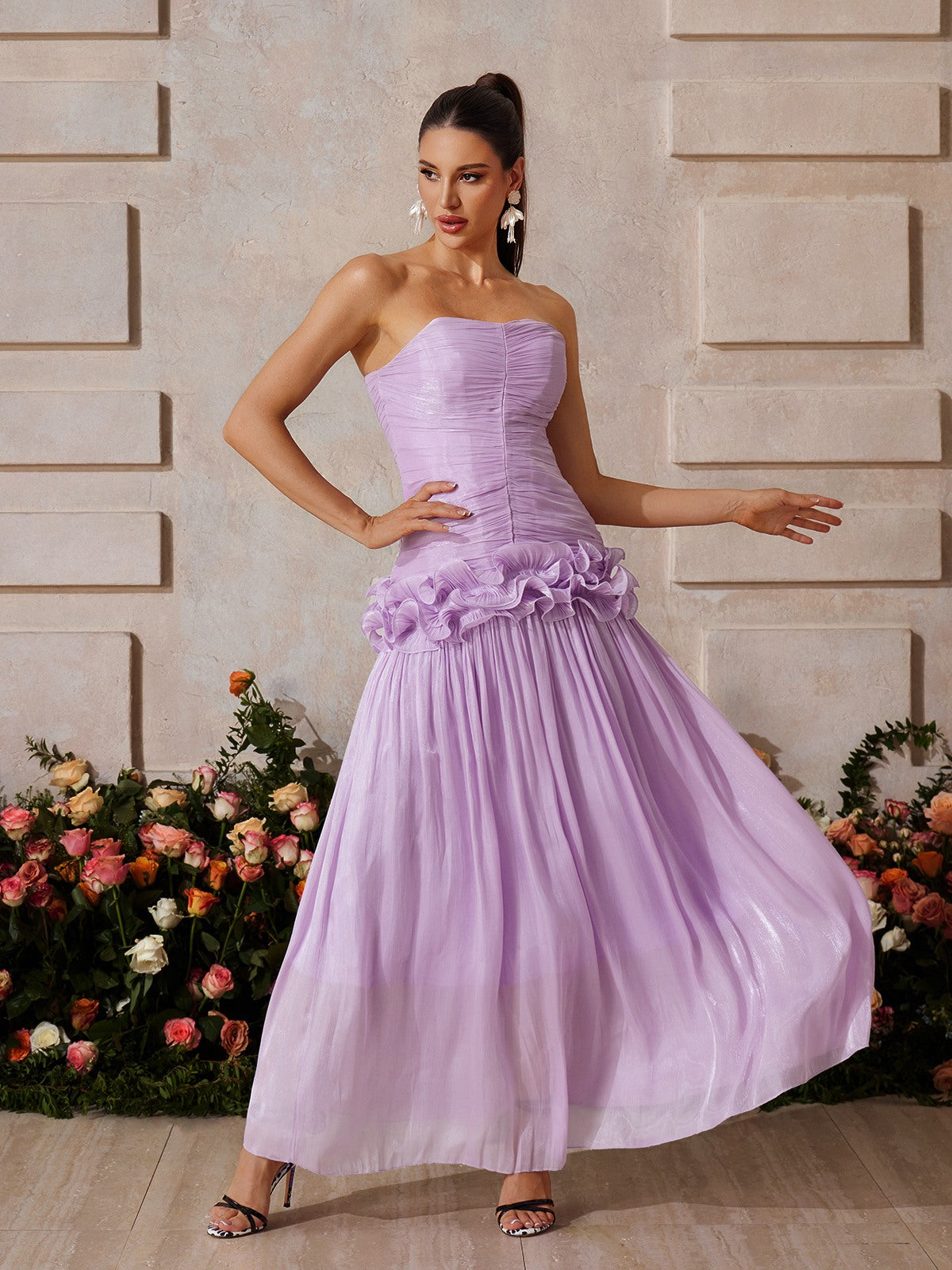 Strapless Ruched Ruffle Maxi Dress In Purple