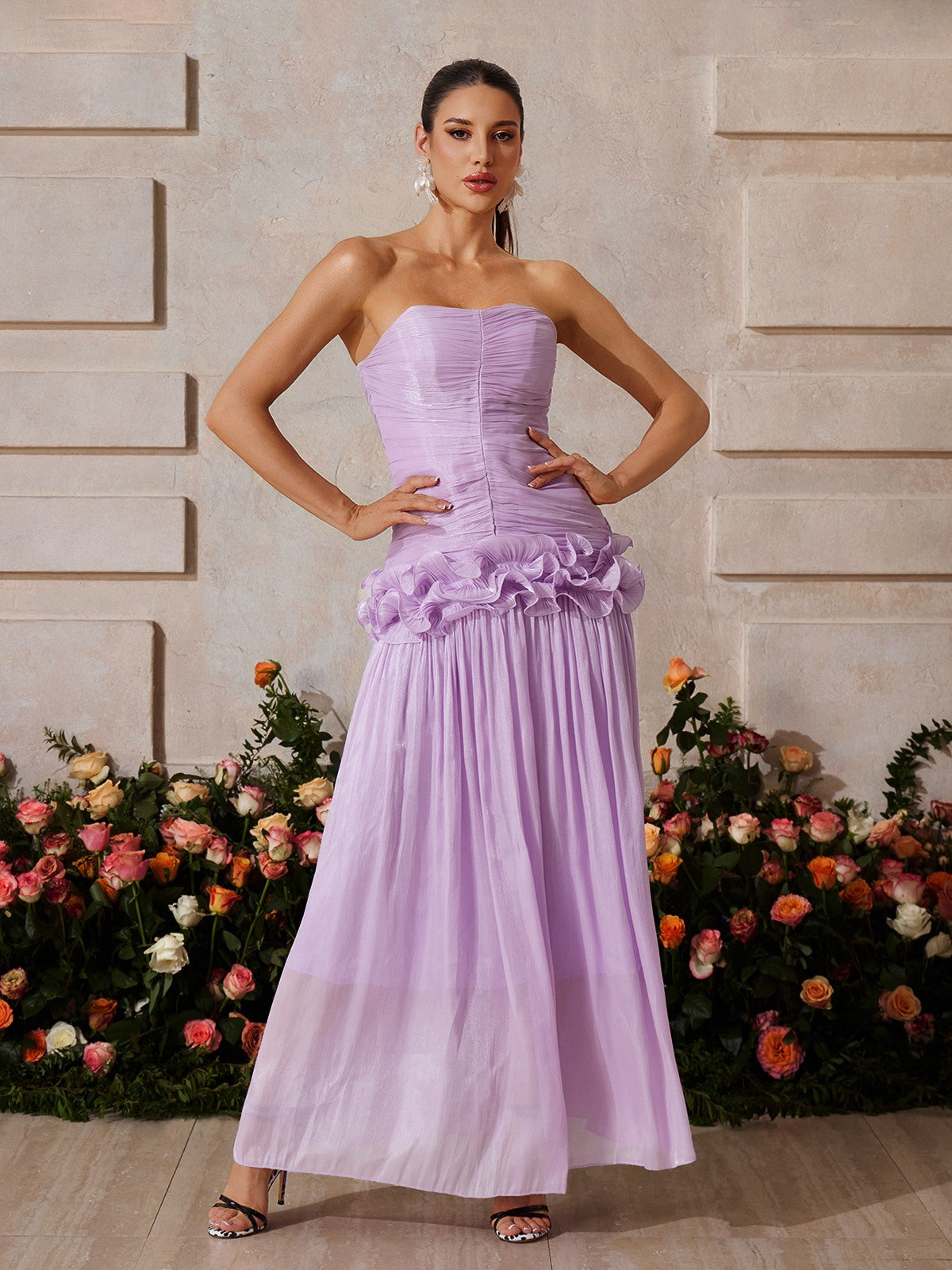 Strapless Ruched Ruffle Maxi Dress In Purple