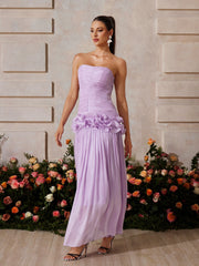 Strapless Ruched Ruffle Maxi Dress In Purple