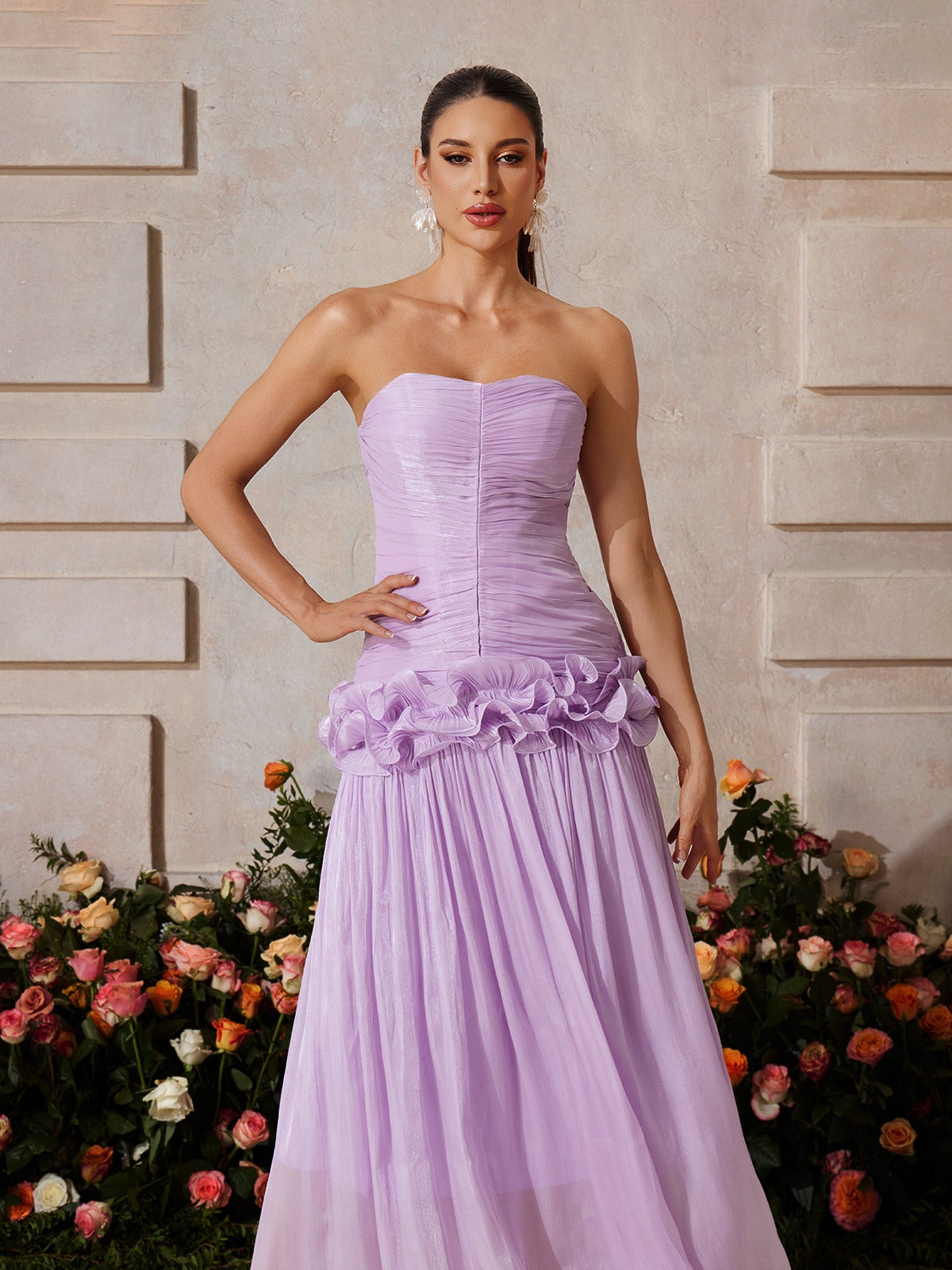 Strapless Ruched Ruffle Maxi Dress In Purple
