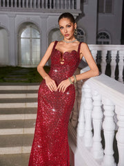 Spaghetti Heart Sequin Midi Dress