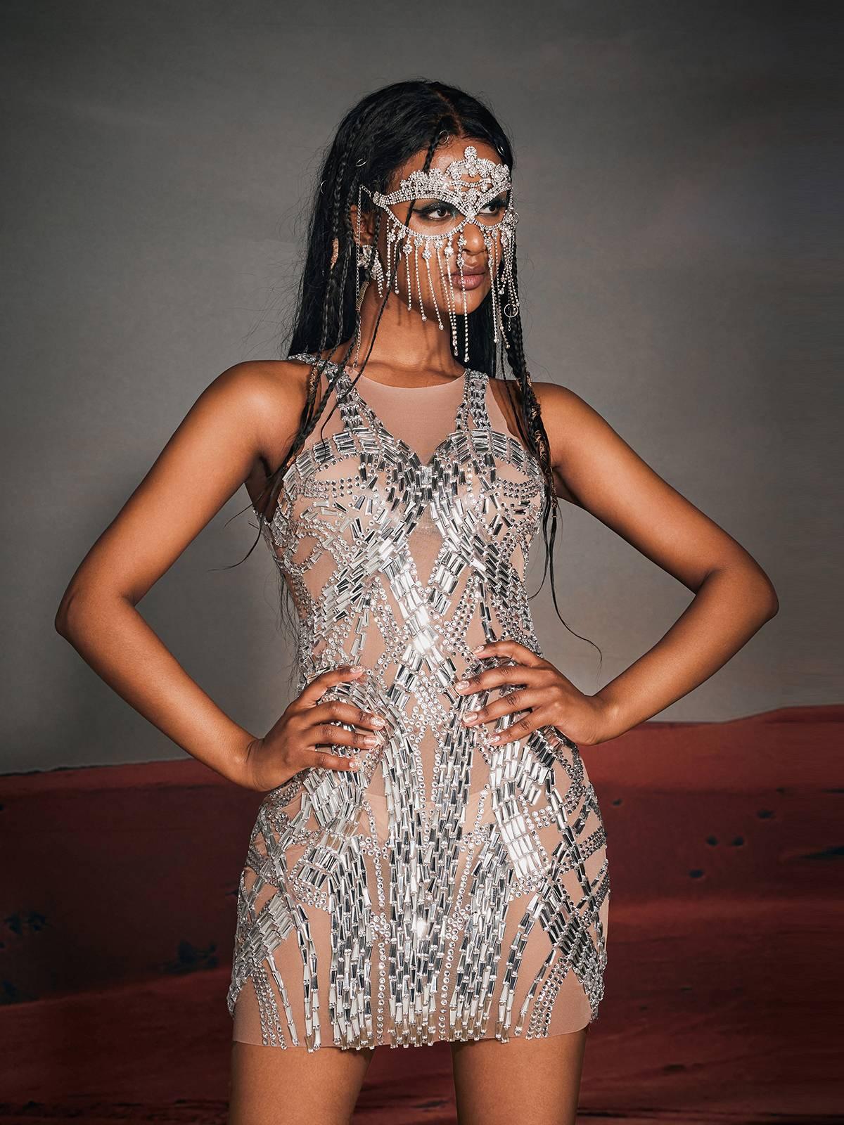 Rhinesone Mesh Mini Dress