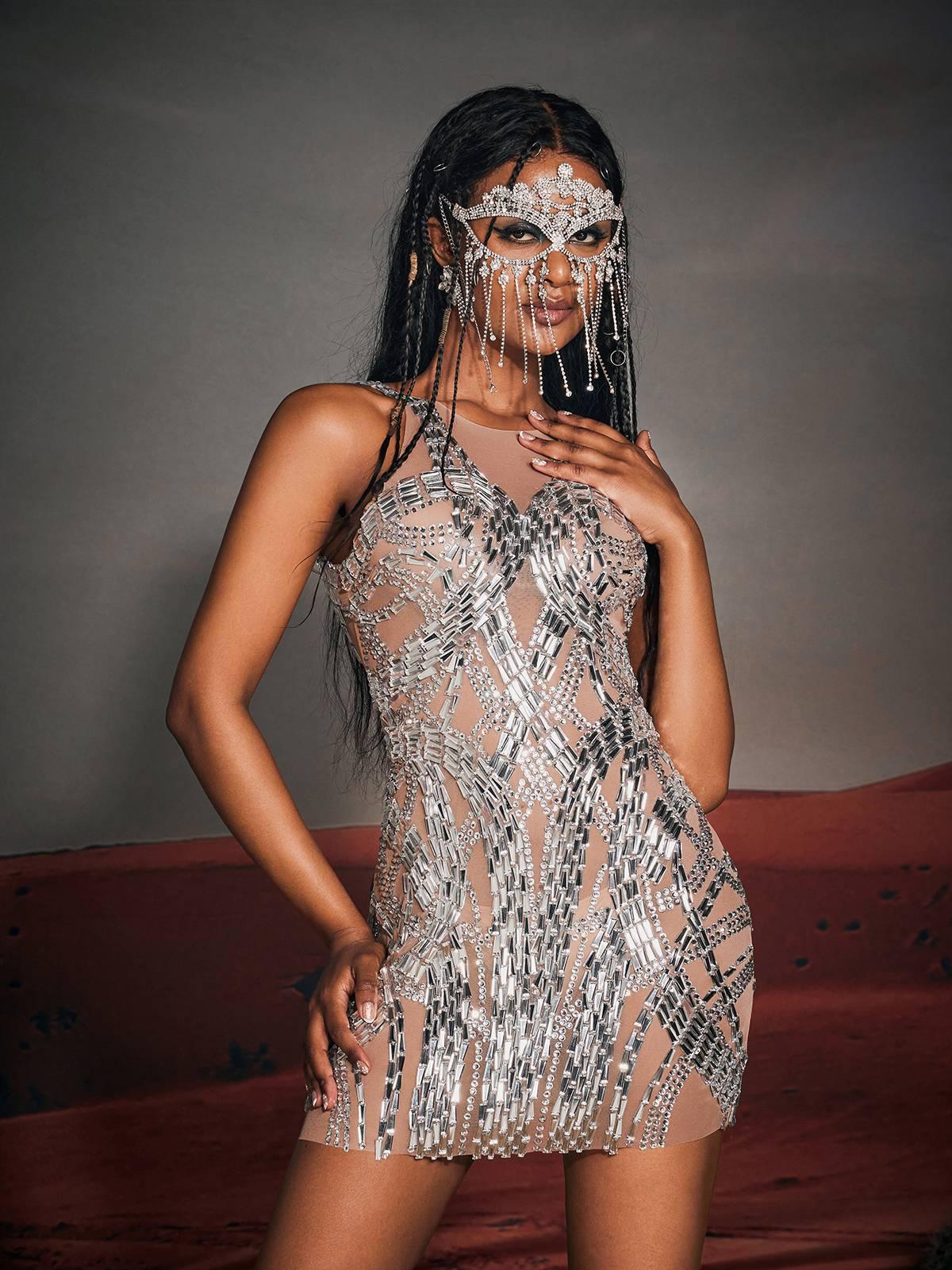 Rhinesone Mesh Mini Dress