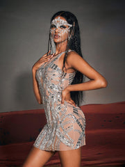 Rhinesone Mesh Mini Dress
