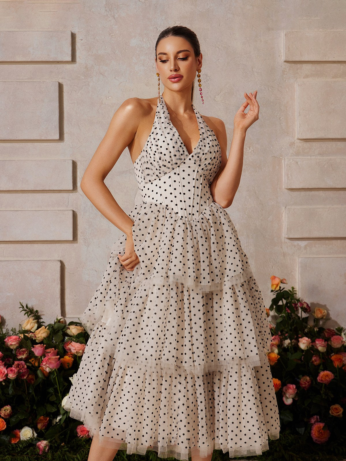 Halterneck Dot Tiered Midi Dress