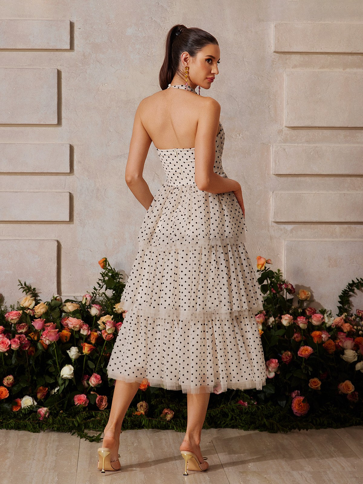 Halterneck Dot Tiered Midi Dress