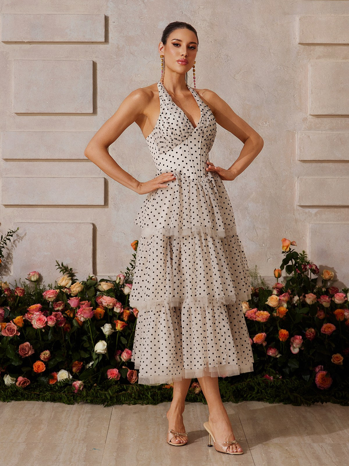 Halterneck Dot Tiered Midi Dress