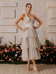 Halterneck Dot Tiered Midi Dress