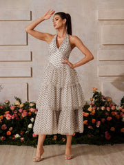 Halterneck Dot Tiered Midi Dress