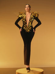 Robe longue fendue en étoile à décolleté plongeant 