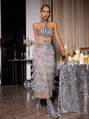 Halterneck Rhinestone Fringe Midi Dress