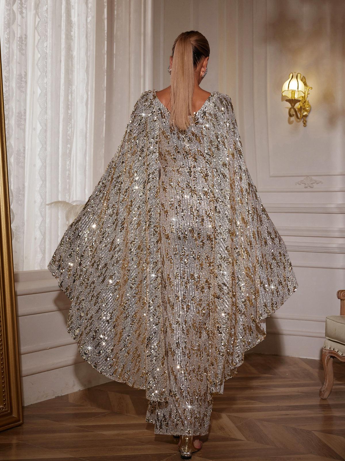 Draped Sleeve Sequin Maxi Dress