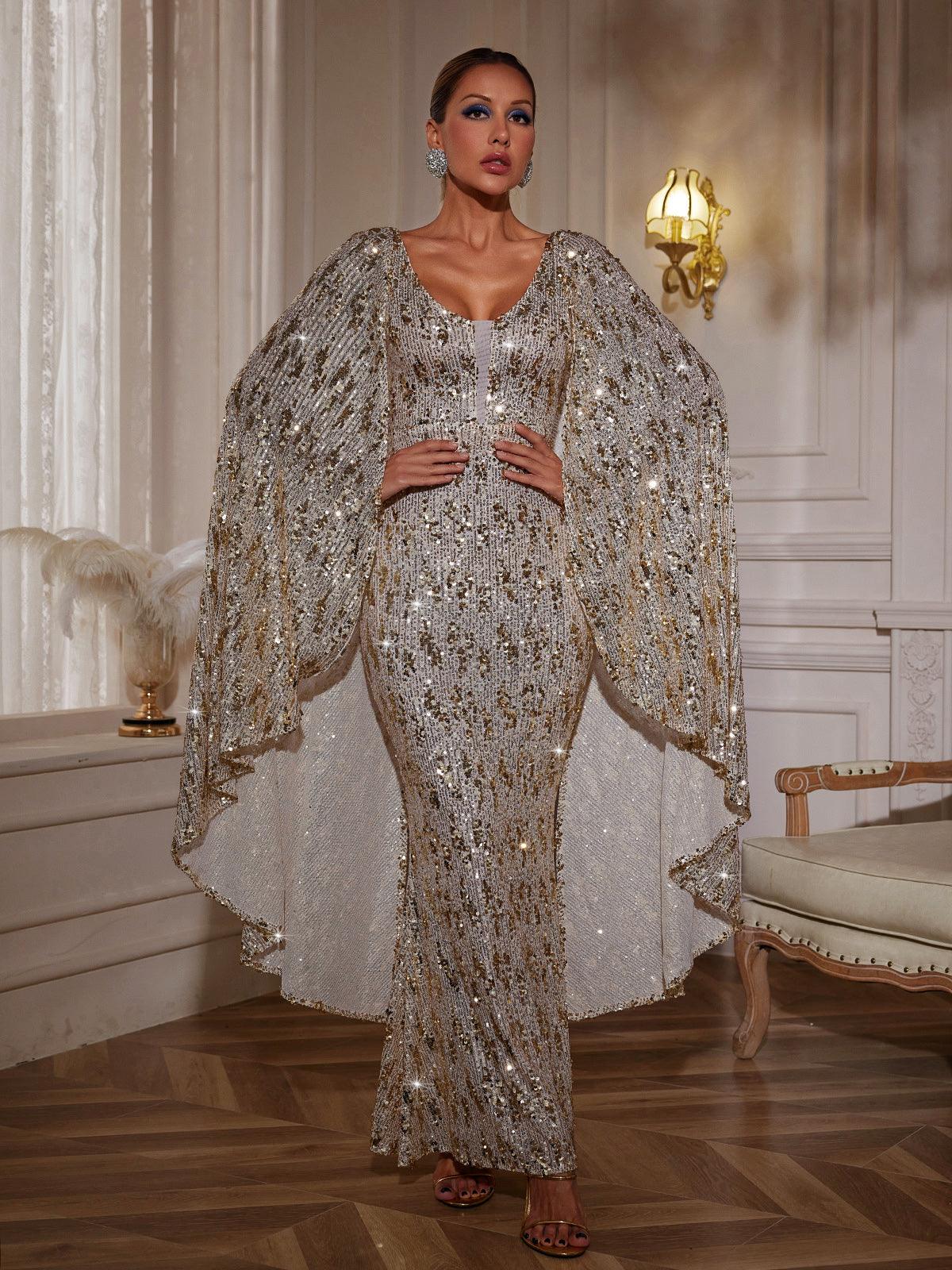 Draped Sleeve Sequin Maxi Dress