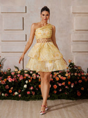 Robe mini à volants fleurie asymétrique jaune 