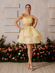 Robe mini à volants fleurie asymétrique jaune 