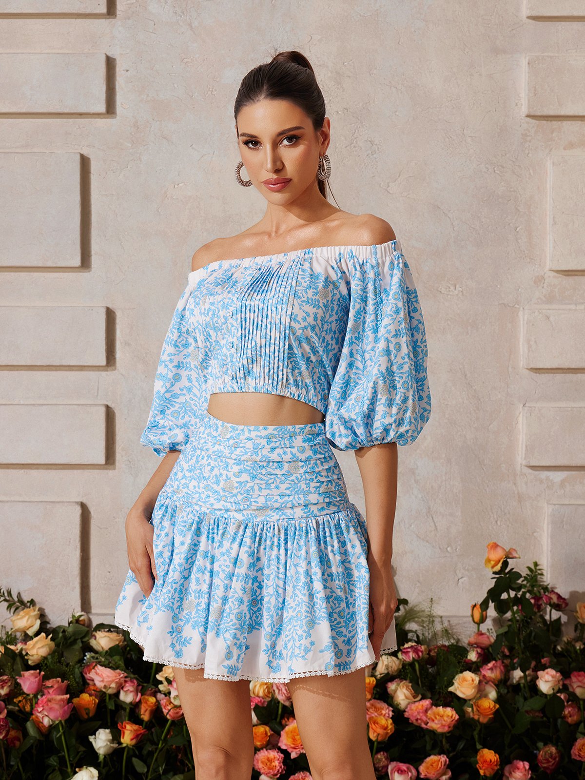 Off Shoulder Printed Skirt Set