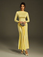 Robe longue drapée à manches longues jaune beurre 