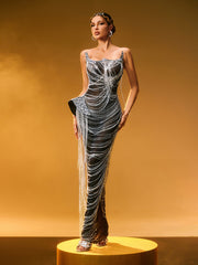 Strapless Crystal Chain Fringe Maxi Dress