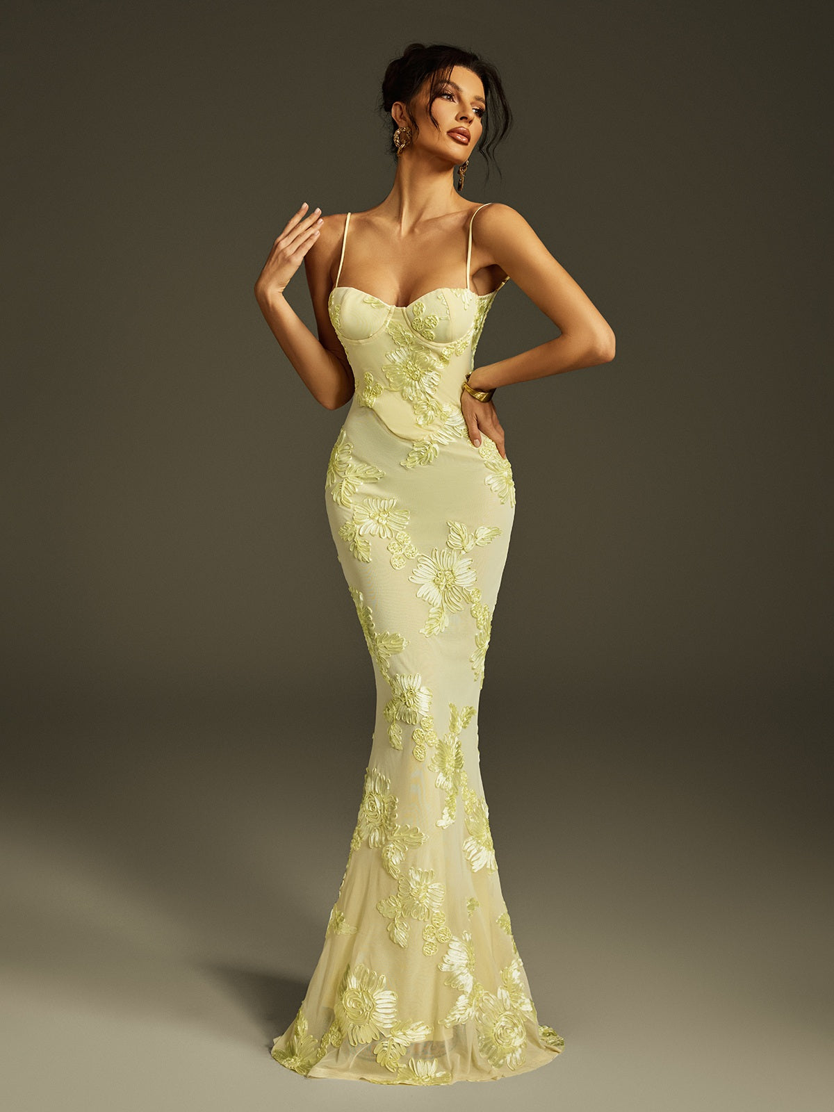 Spaghetti  Embroidered Flower Maxi Dress