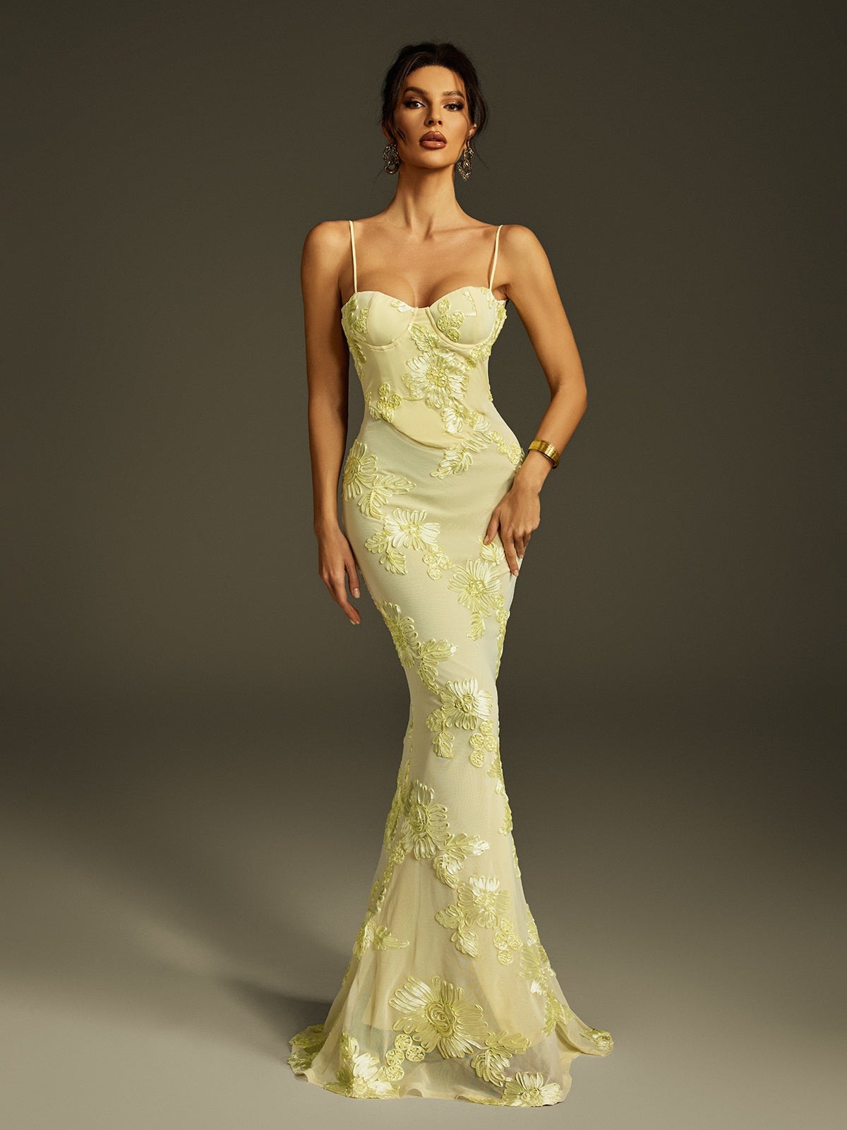 Spaghetti  Embroidered Flower Maxi Dress