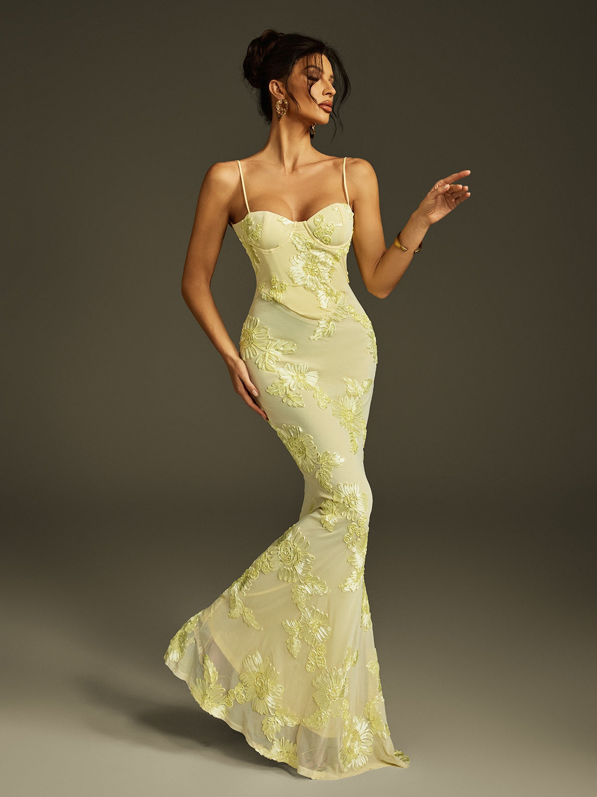 Spaghetti  Embroidered Flower Maxi Dress