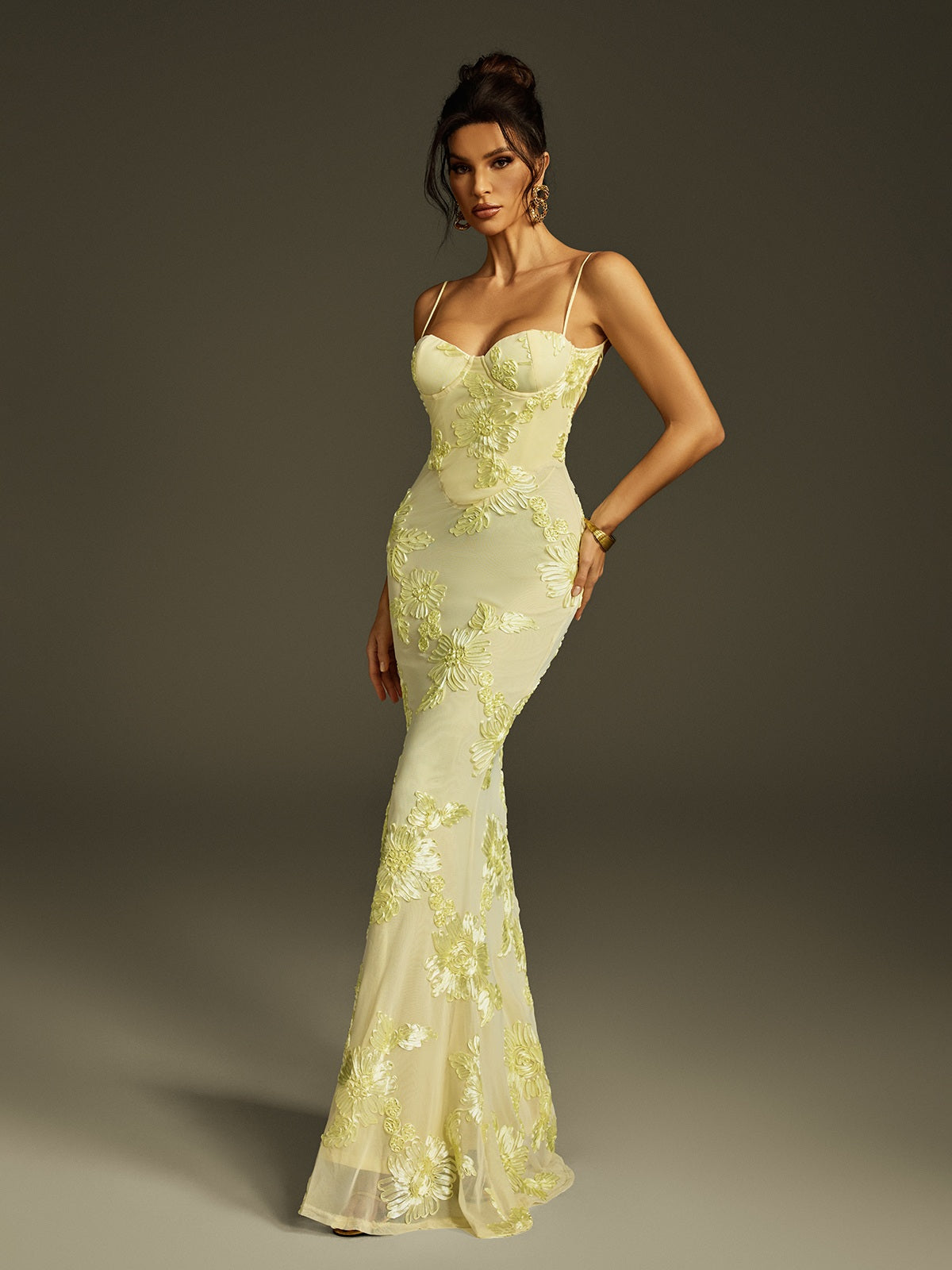 Spaghetti  Embroidered Flower Maxi Dress