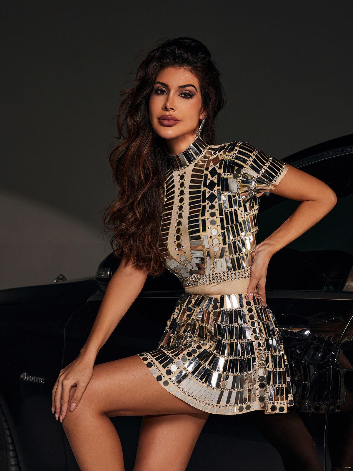 Short Sleeve Acrylic Mini Dress In Silver