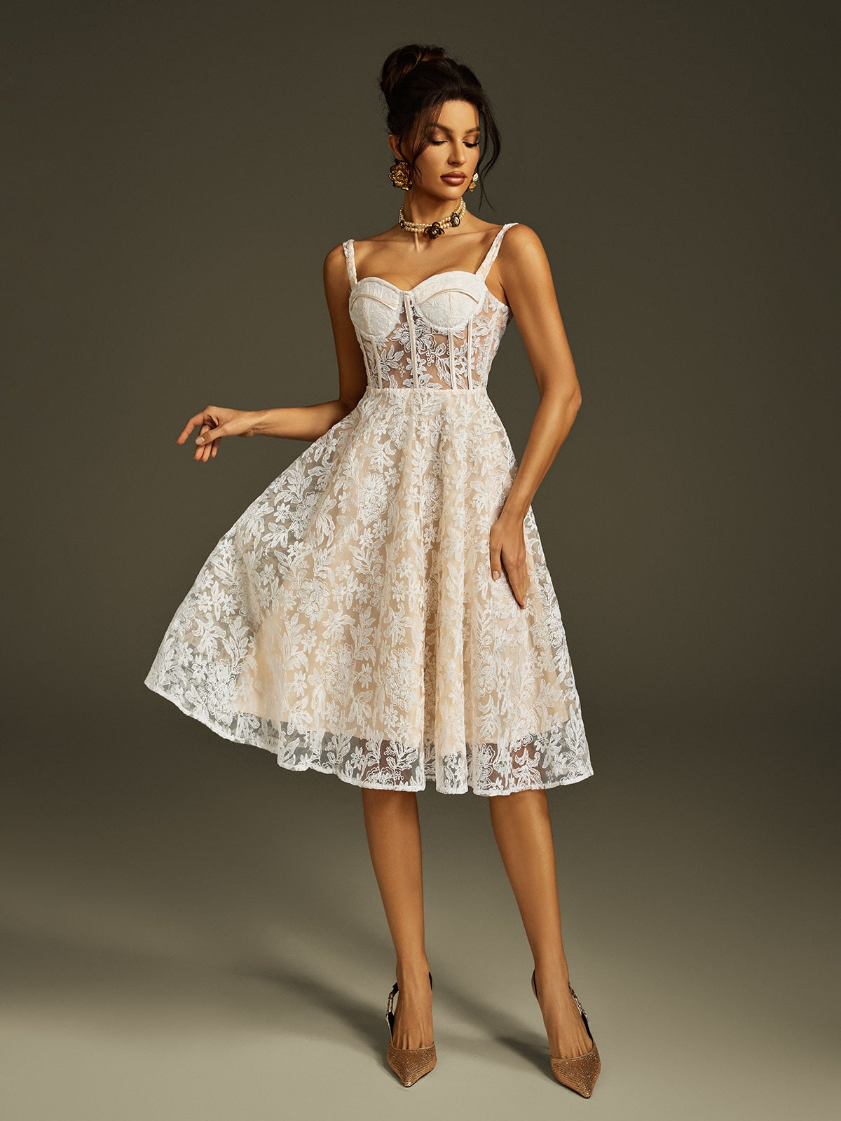 Spaghetti Embroidered Mesh Midi Dress