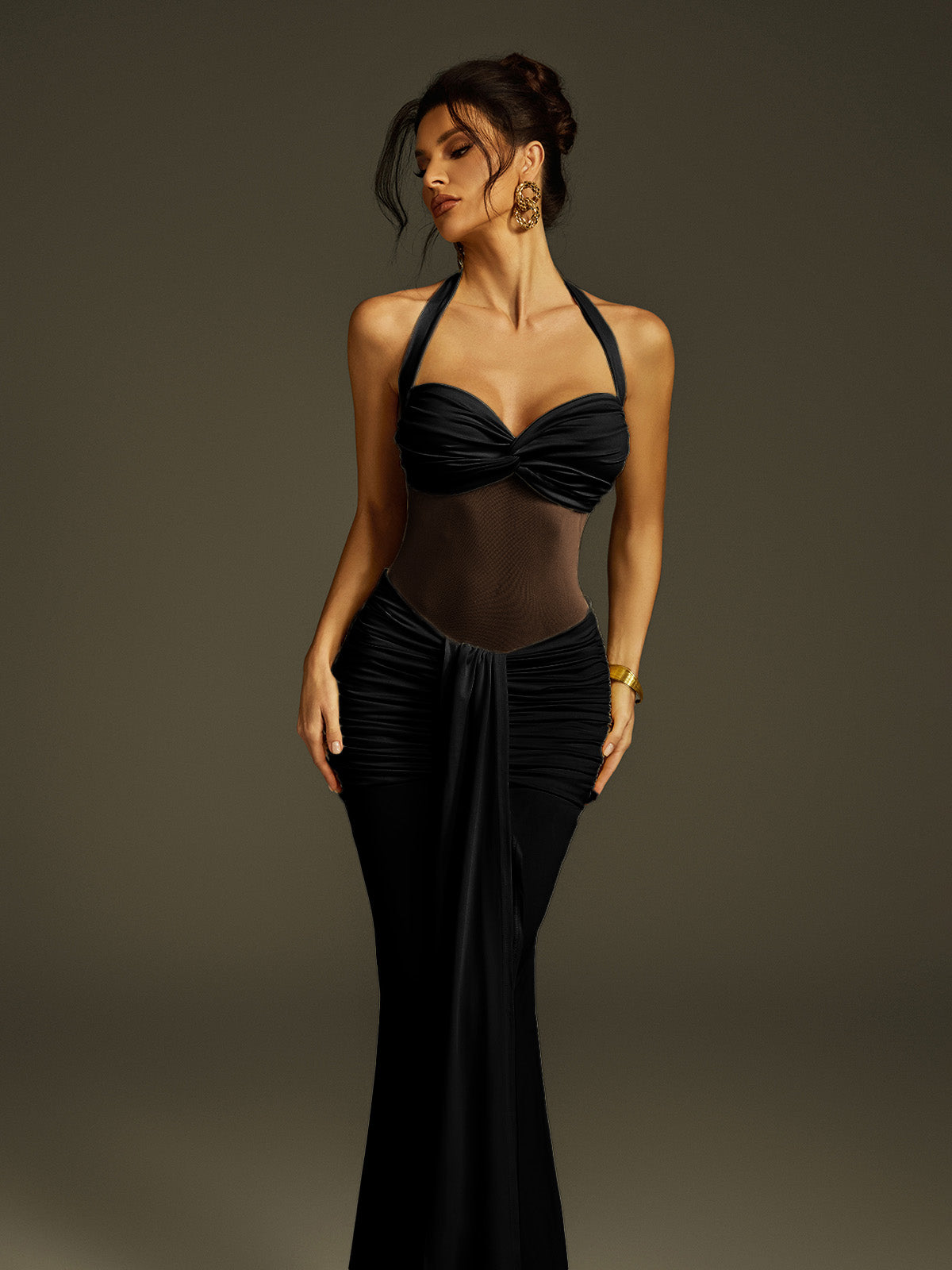 Halterneck Draped Maxi Dress In Black