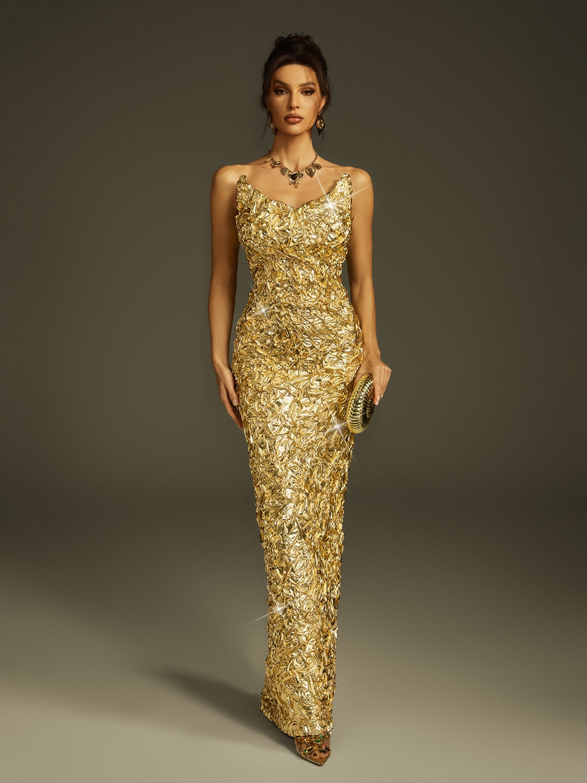 Robe longue bustier fendue à effet métallisé 