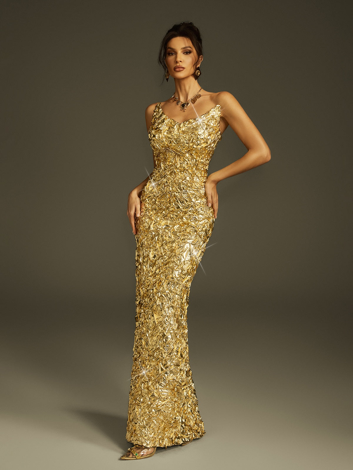 Robe longue bustier fendue à effet métallisé 