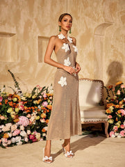 Halterneck Cutout Flower Midi Dress