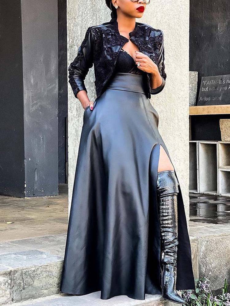 High Waist Side Slit PU Skirts