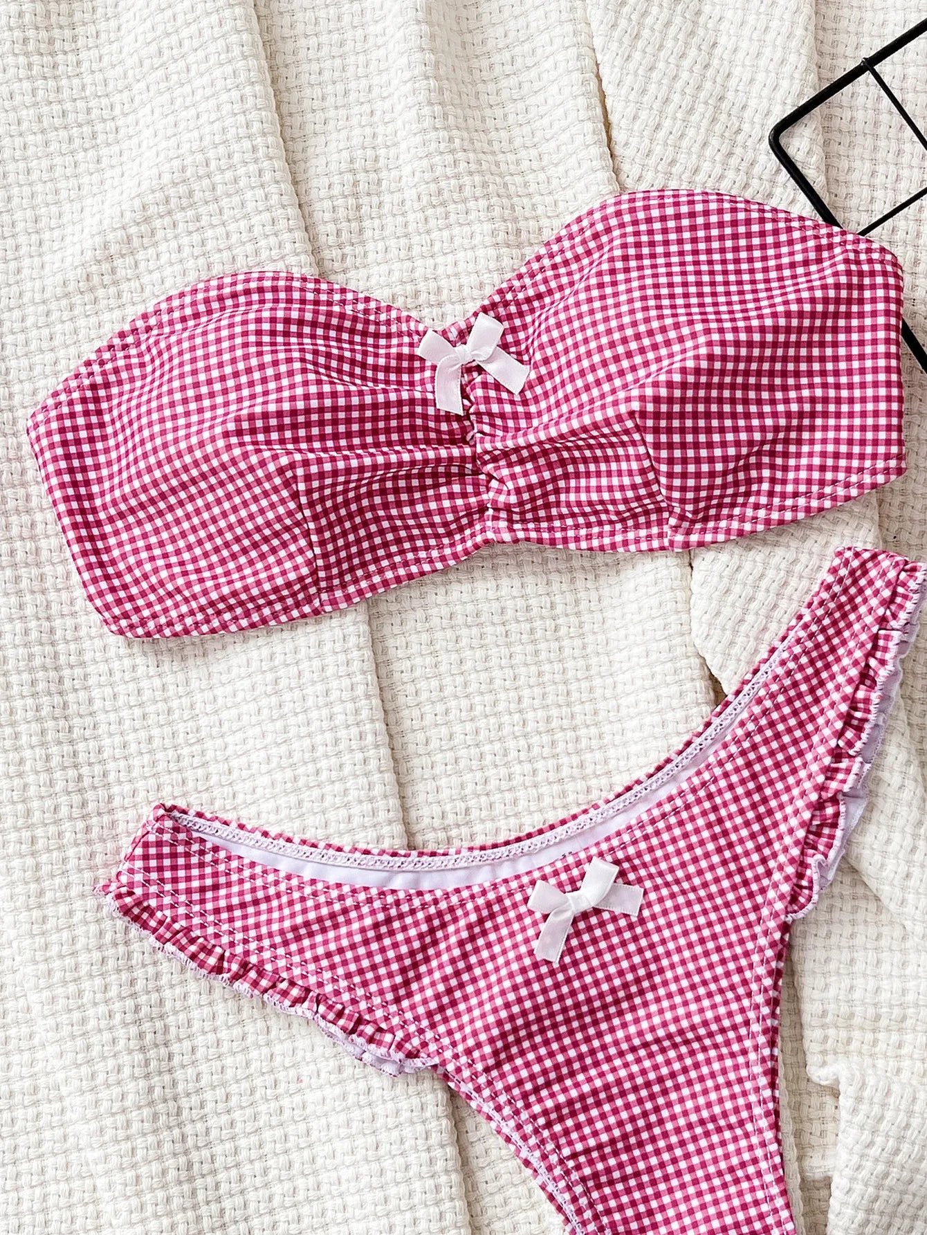 cute bow plaid bandeau bikinis Sets two pieces thong bathing suit wear bikini swimsuits biquini