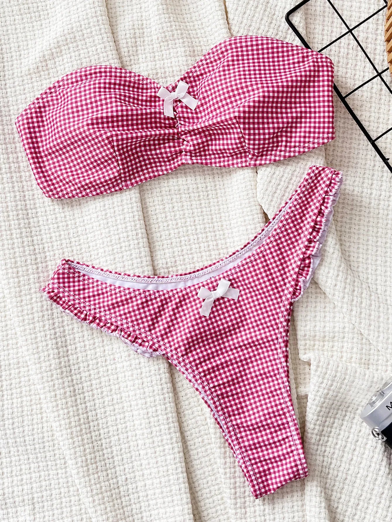cute bow plaid bandeau bikinis Sets two pieces thong bathing suit wear bikini swimsuits biquini