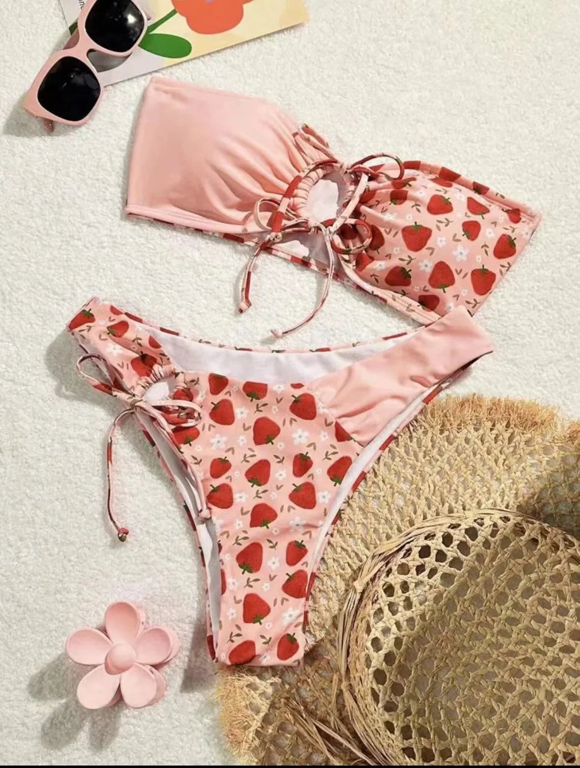 cute pink strawberry bandeau bikinis Sets two pieces bow bathing suit wear thong bikini swimsuits